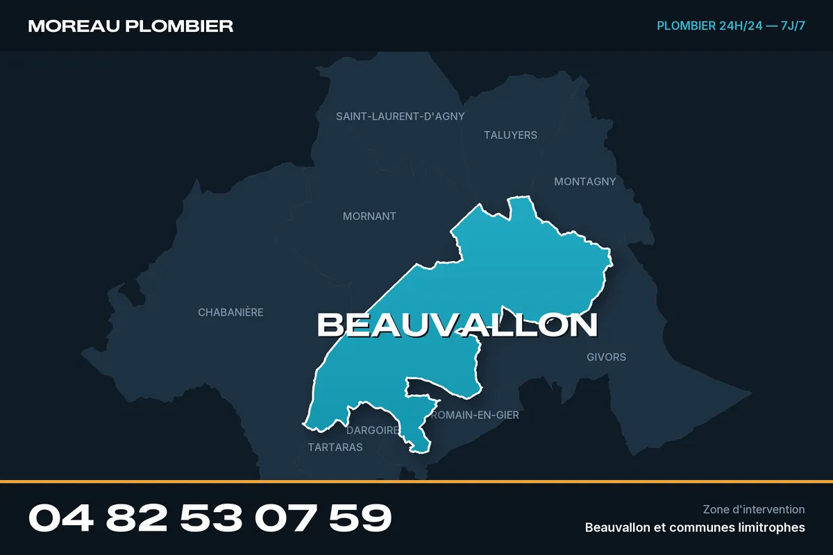 Carte de Beauvallon et des communes limitrophes, zone d'intervention de Plomberie Moreau