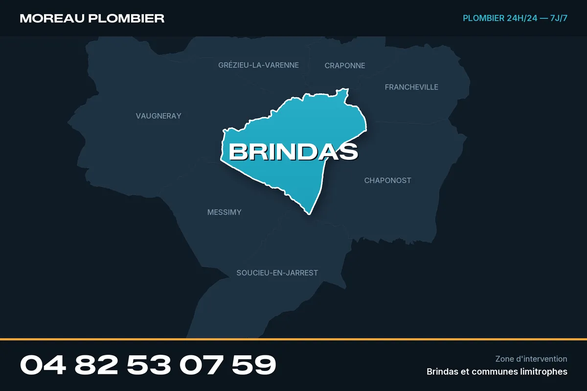 Carte de Brindas et des communes limitrophes, zone d'intervention de Plomberie Moreau