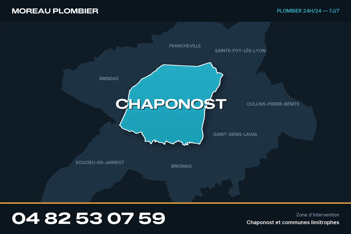 Carte de Chaponost et des communes limitrophes, zone d'intervention de Plomberie Moreau