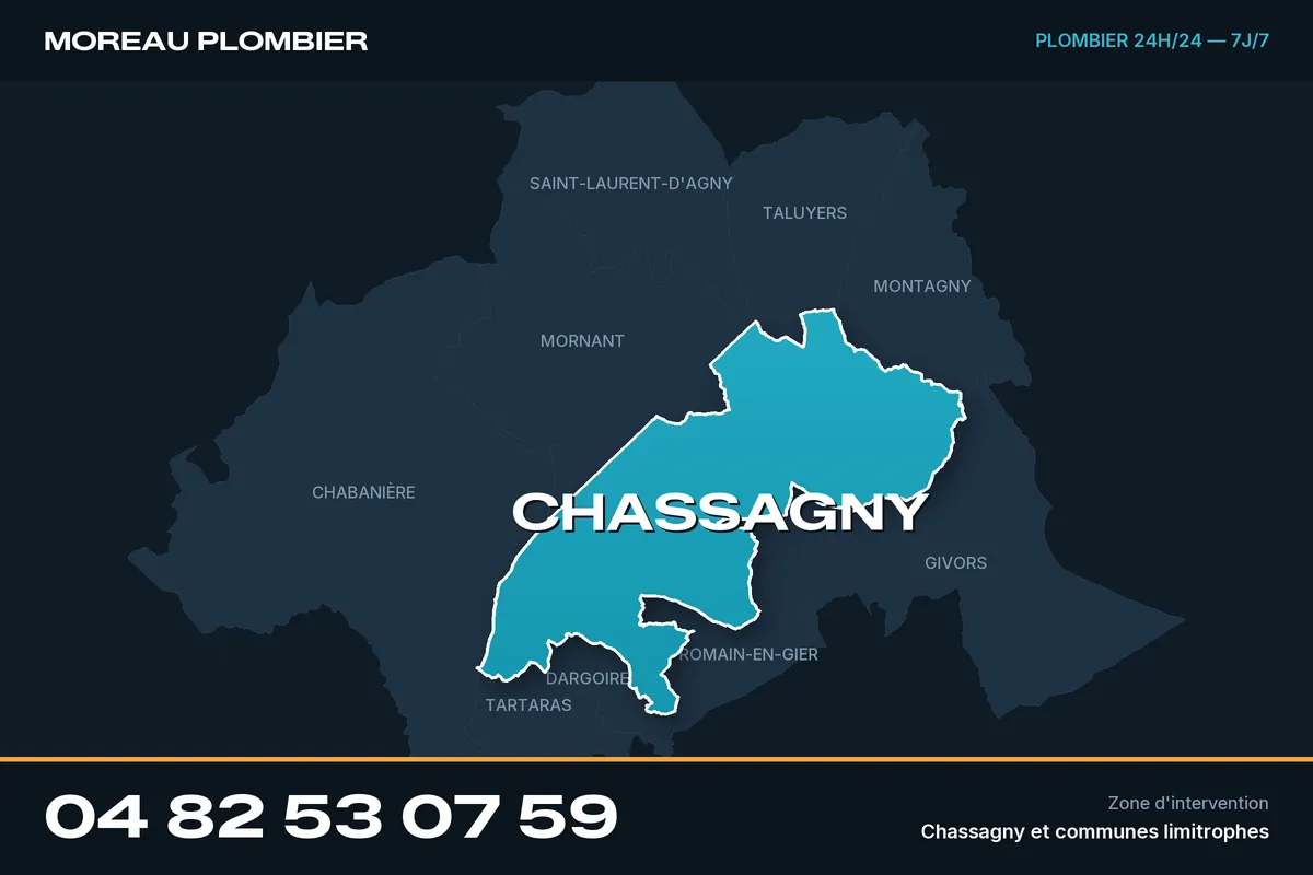 Carte de Chassagny et des communes limitrophes, zone d'intervention de Plomberie Moreau