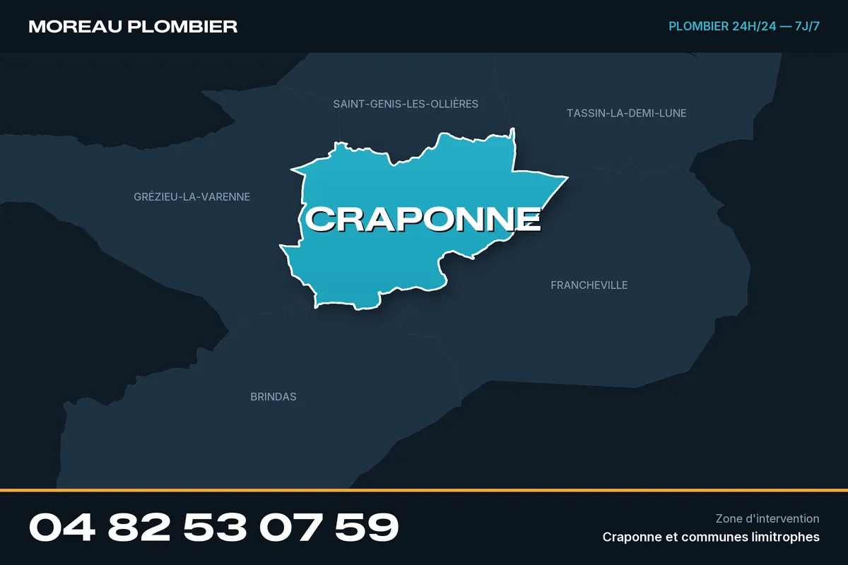 Carte de Craponne et des communes limitrophes, zone d'intervention de Plomberie Moreau