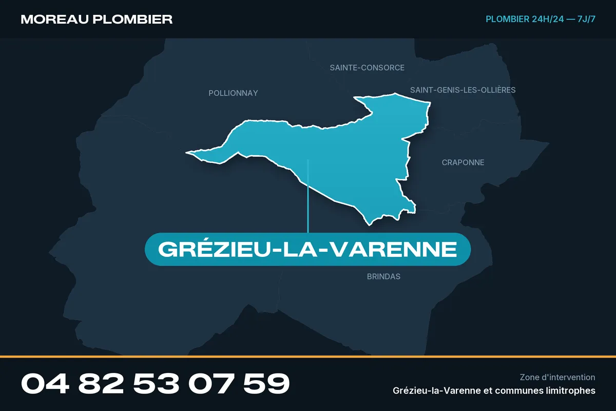 Carte de Grézieu-la-Varenne et des communes limitrophes, zone d'intervention de Plomberie Moreau