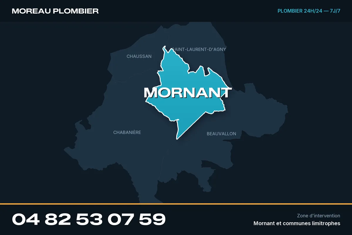 Carte de Mornant et des communes limitrophes, zone d'intervention de Plomberie Moreau