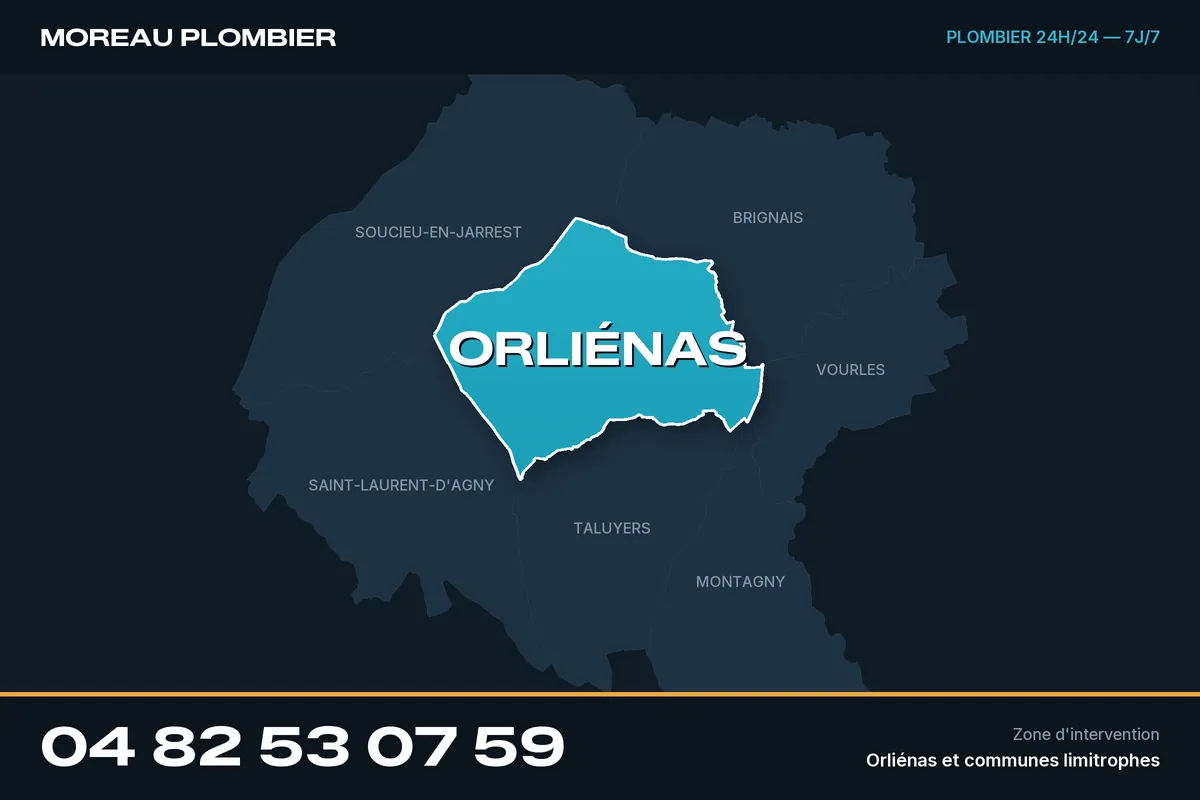 Carte de Orliénas et des communes limitrophes, zone d'intervention de Plomberie Moreau