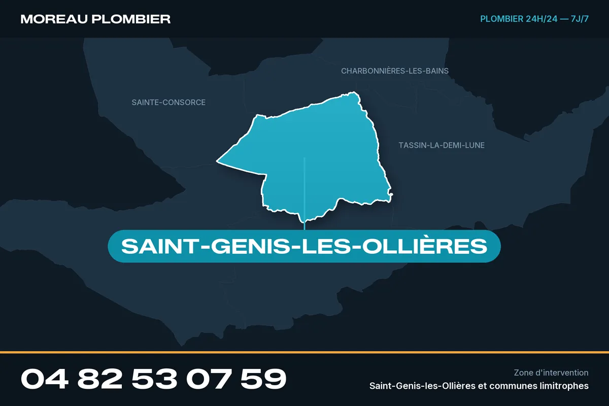 Carte de Saint-Genis-les-Ollières et des communes limitrophes, zone d'intervention de Plomberie Moreau