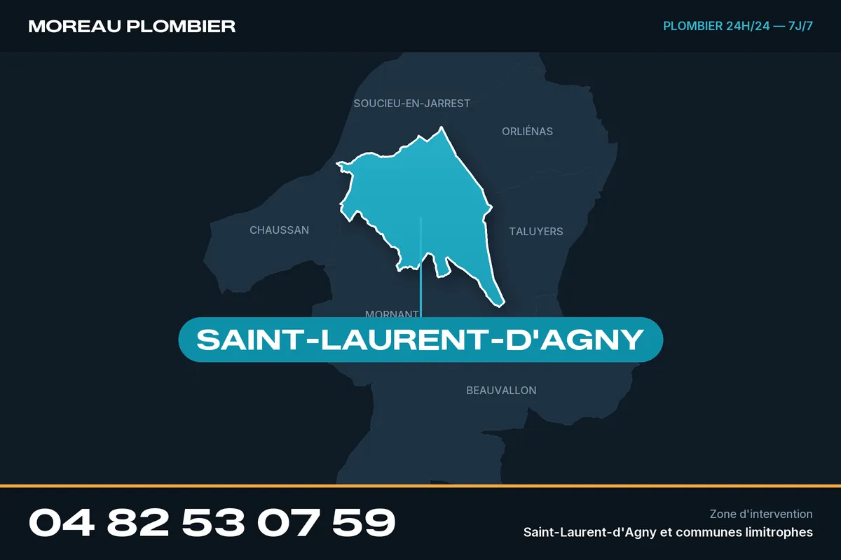 Carte de Saint-Laurent-d'Agny et des communes limitrophes, zone d'intervention de Plomberie Moreau