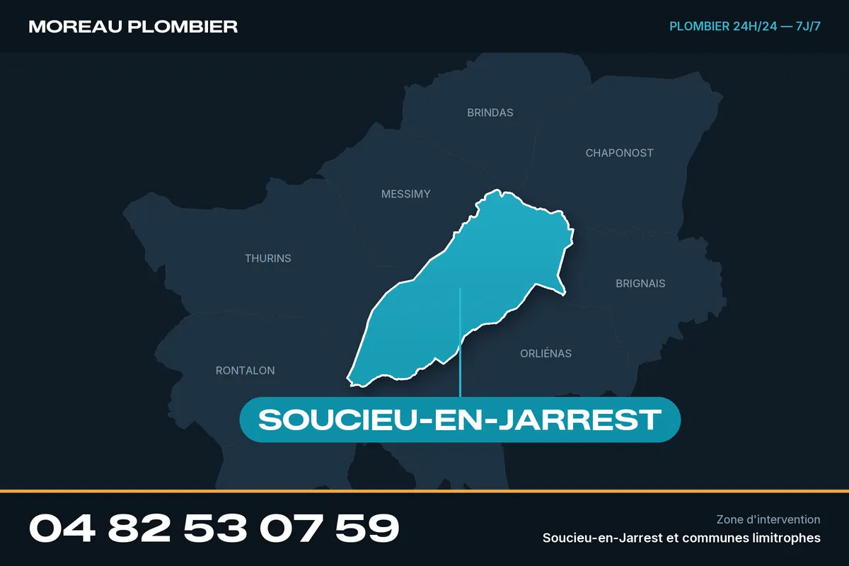 Carte de Soucieu-en-Jarrest et des communes limitrophes, zone d'intervention de Plomberie Moreau