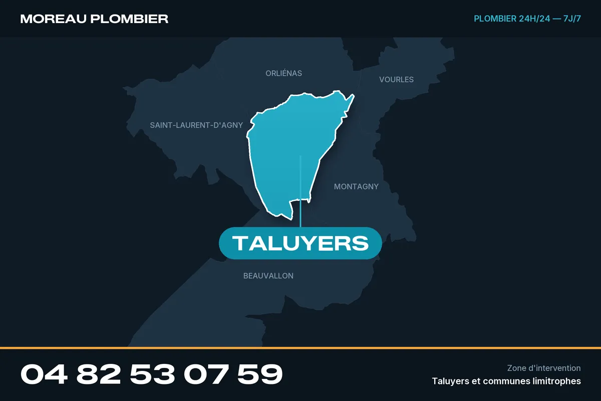 Carte de Taluyers et des communes limitrophes, zone d'intervention de Plomberie Moreau