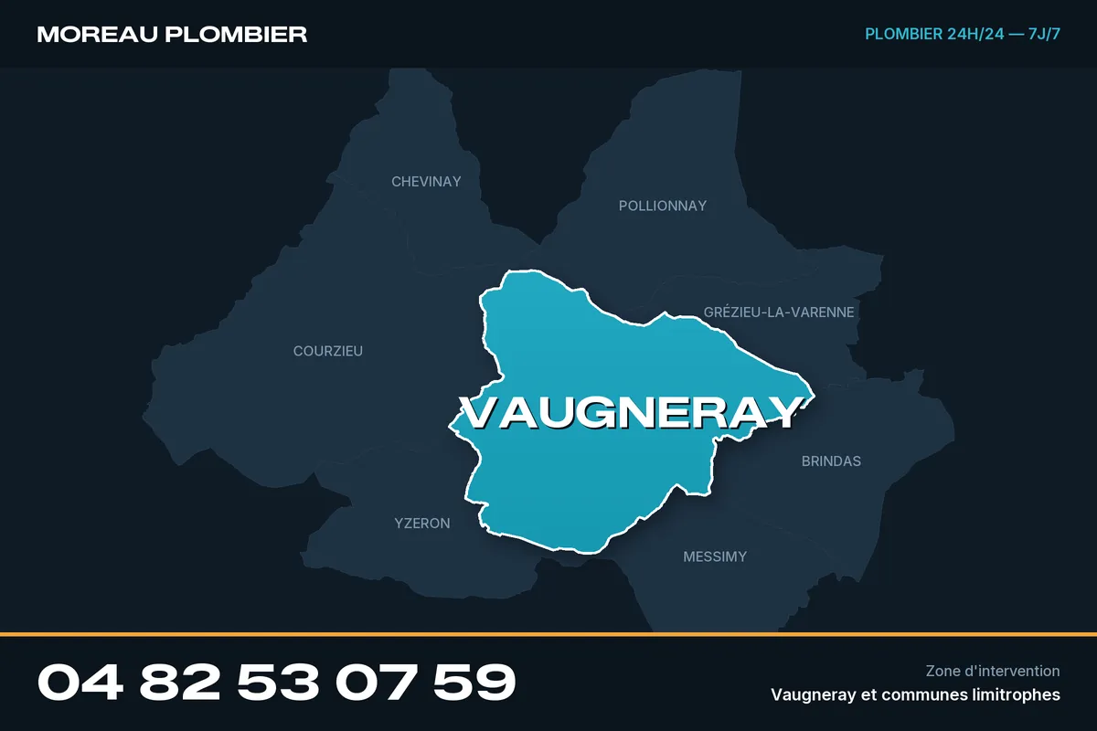 Carte de Vaugneray et des communes limitrophes, zone d'intervention de Plomberie Moreau